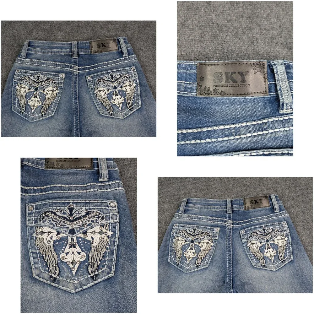 Sky Jeans Juniors 7/8 Blue Flare Low Rise Sparkle Butt Rhinestone Embroidered